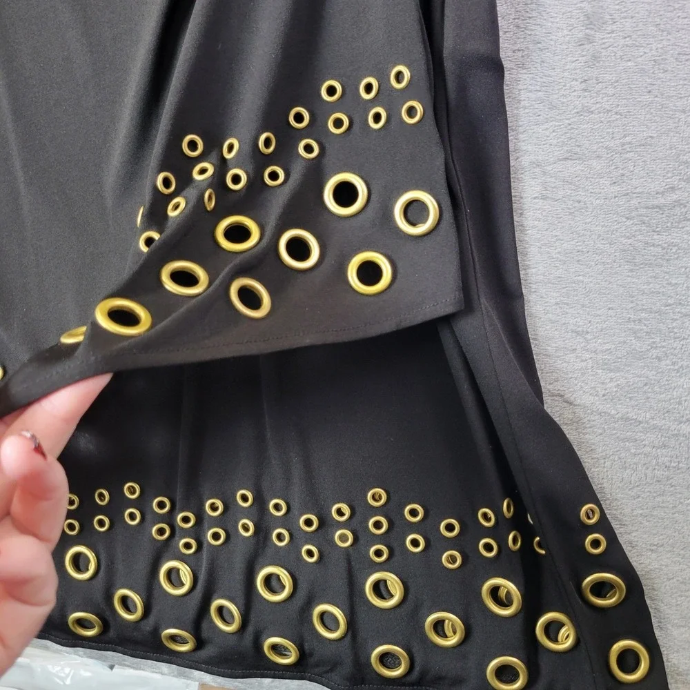 Michael Kors Black‎ Faux Wrap Dress Gold Grommet Hem Long Sleeve Size L Cocktail